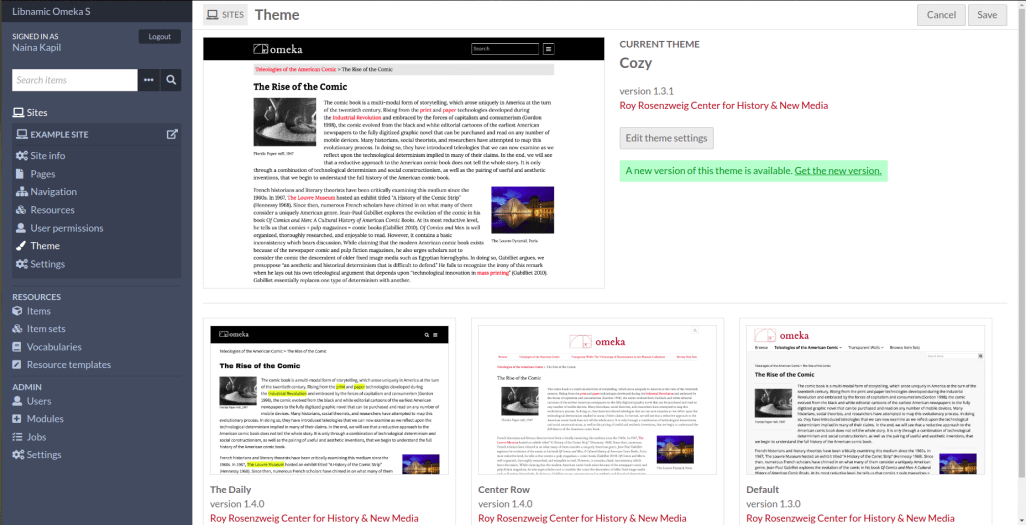 Selection of a theme on Omeka S Omeka at Libnamic